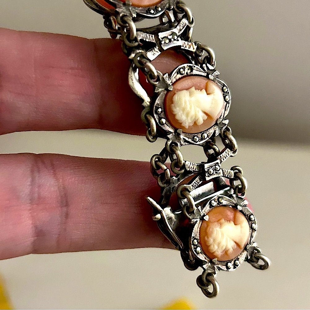 Vintage Silver Marcasite Cameo Bracelet